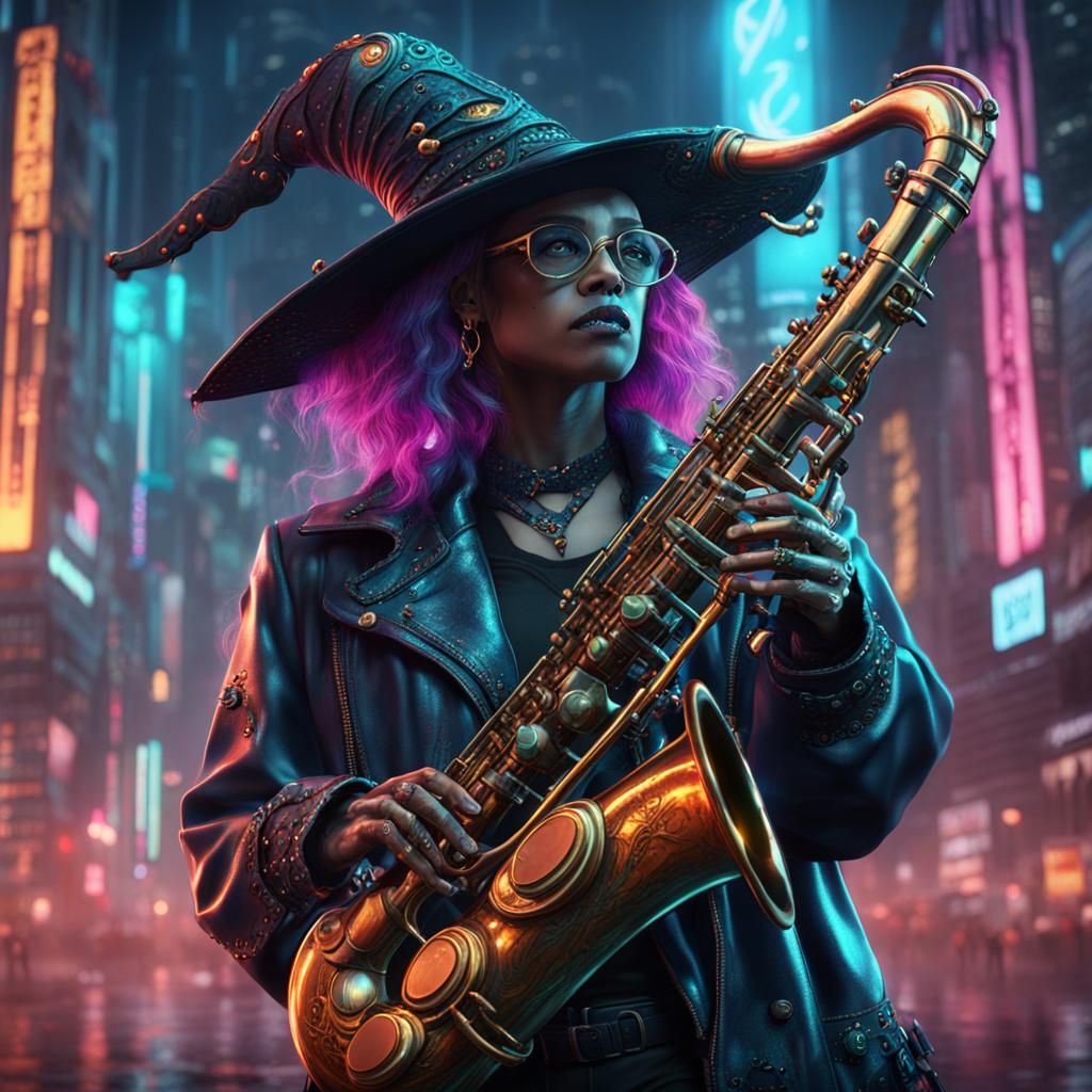Cyberpunk Plasma Saxophone Witch in Detailed Painting