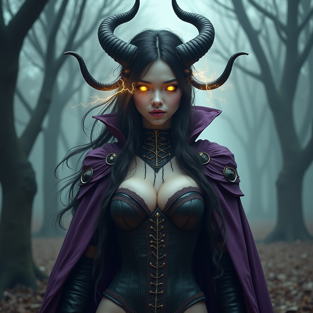 Mystical Horned Woman in Ethereal Forest, Fantasy Art