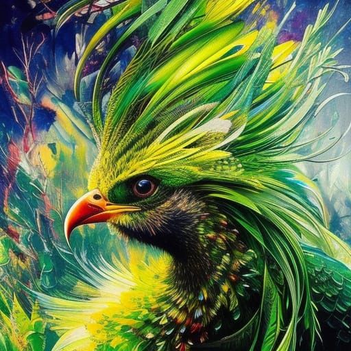 Green Monochromatic Bird: Fluid Gouache Splash Art