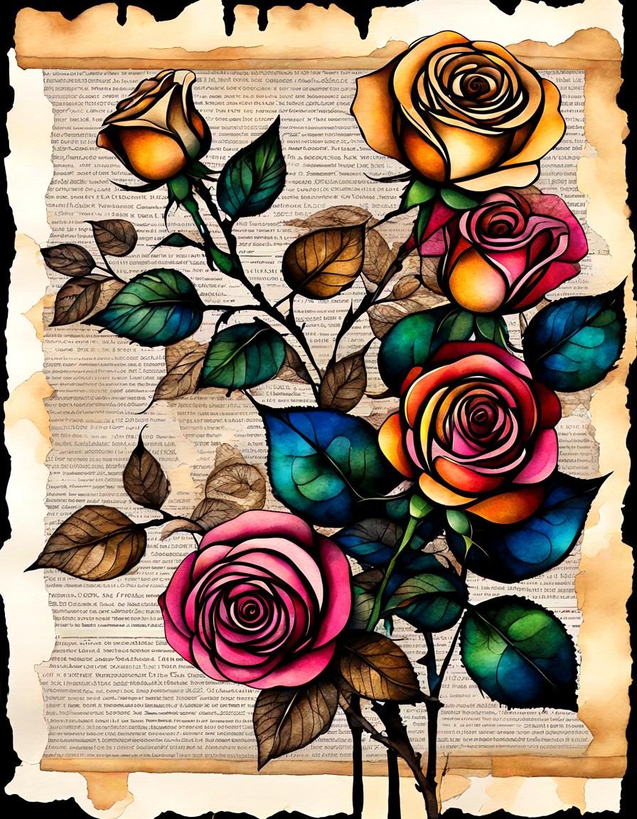 Detailed Rose on Newsprint Collage as Mixed Media Art