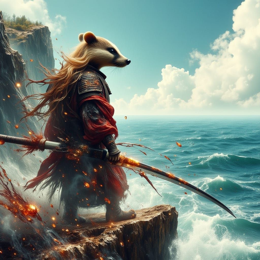 Samurai Badger on Cliff Overlooking Ocean