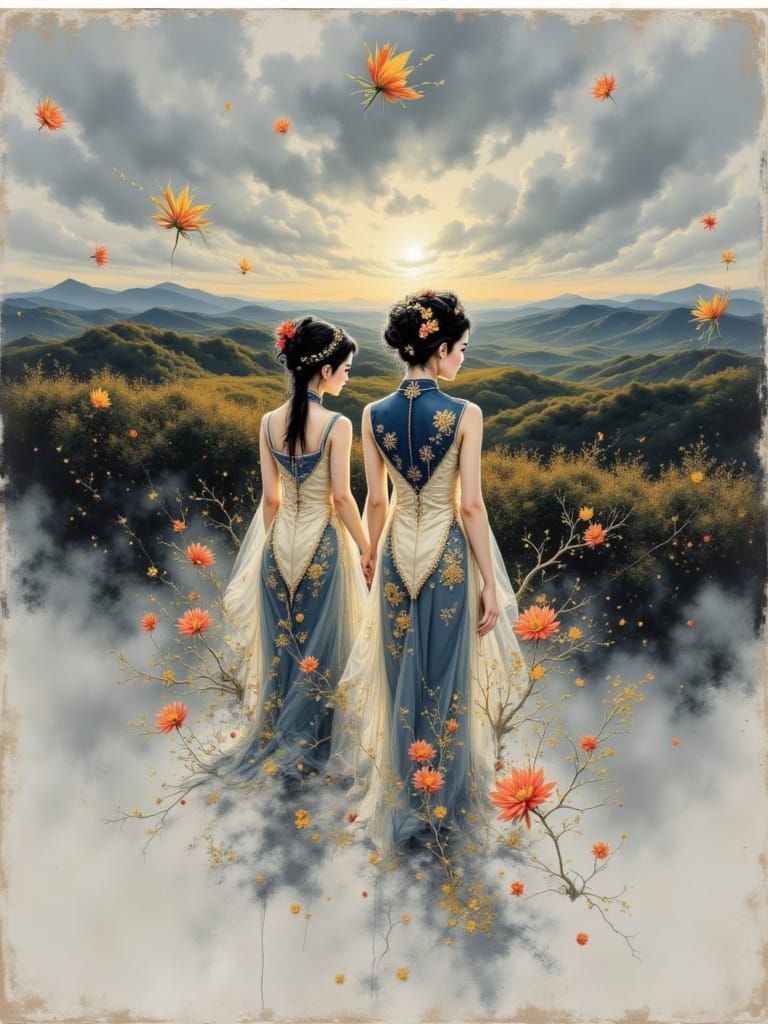 Elegant Asian Women in Floral Cheongsams