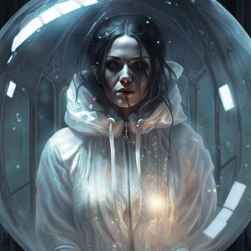 Haunted Woman Prisoner in Bubble, Hyperrealistic Art
