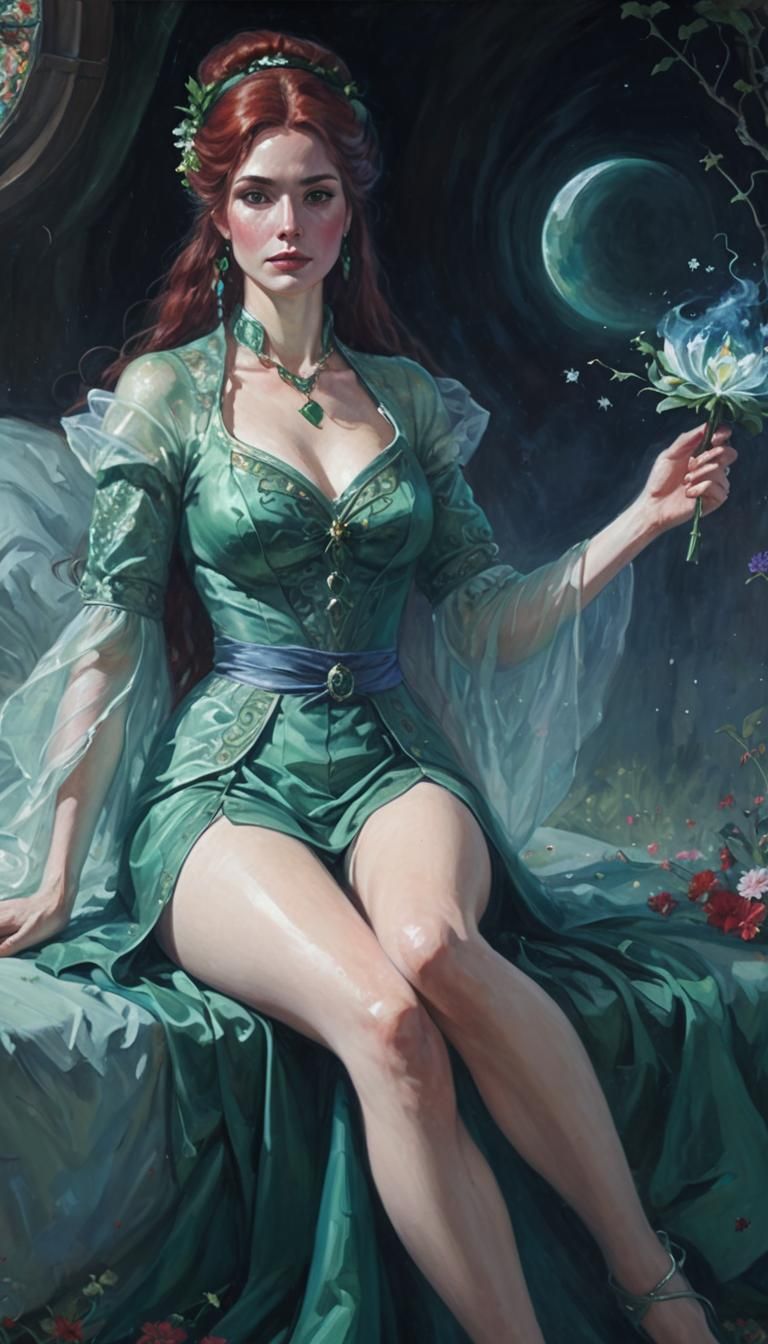 Magical Sorceress in Emerald Dress, Oil Painting