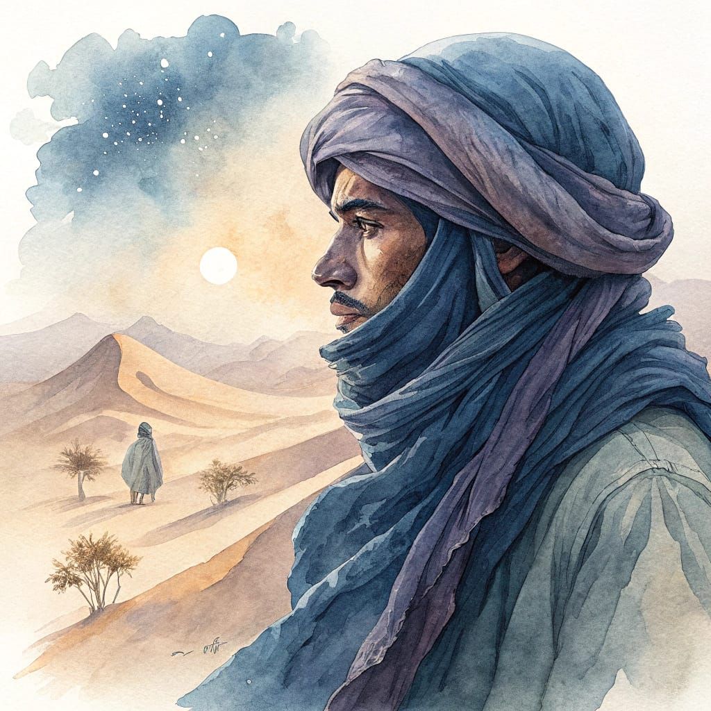 Watercolor Portrait of a Tuareg Man in the Sahara