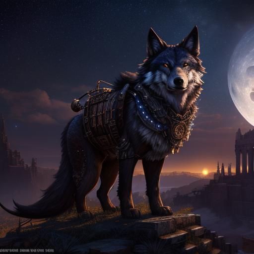 Steampunk Wolf Under Starry Night in Roman Architecture