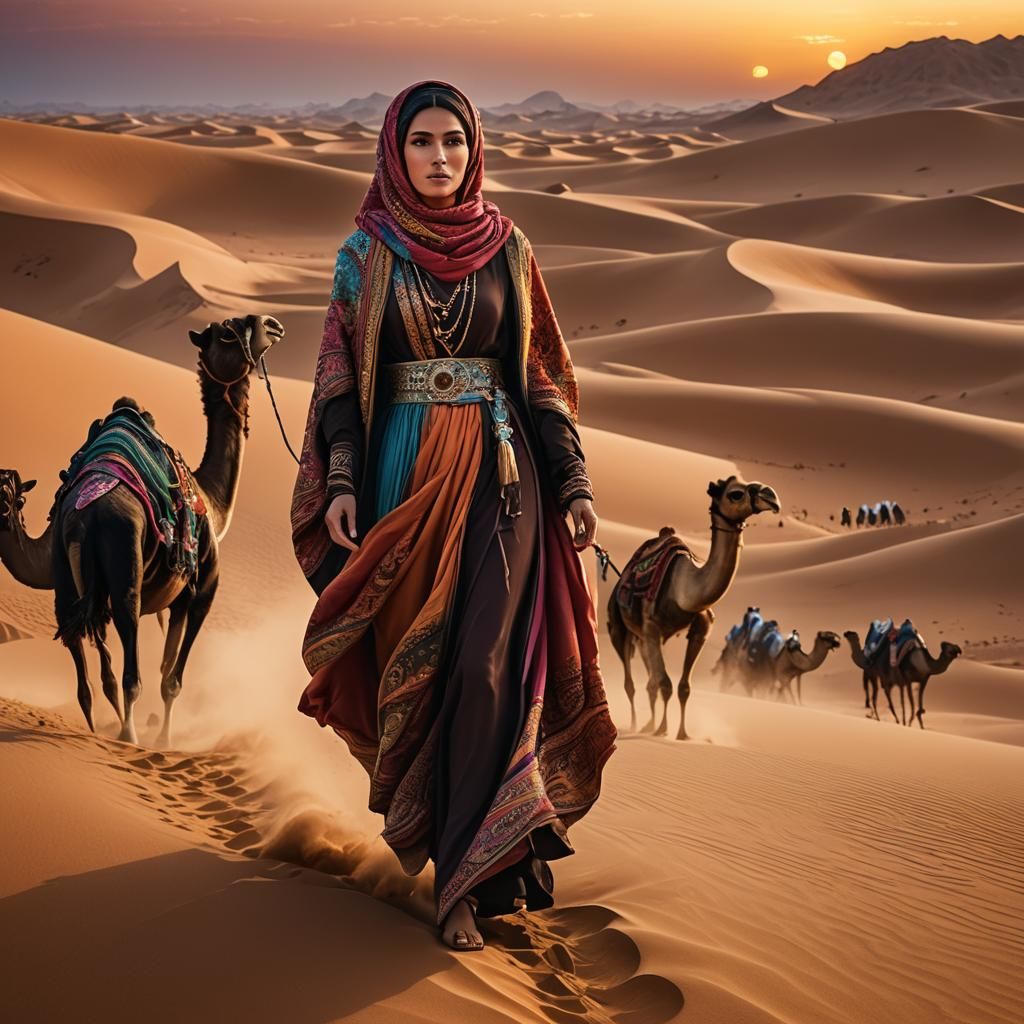 Arab Woman Leads Caravan Through Sahara Desert