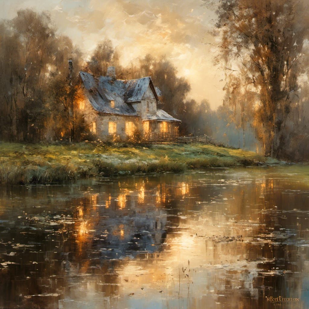 Farmhouse Reflection at Dusk: Exquisite Painting