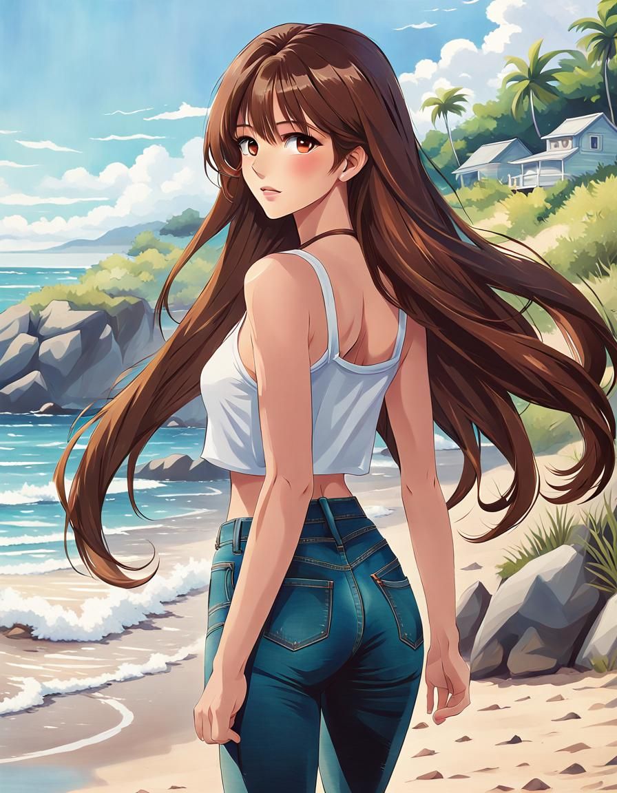 Anime Woman Walking on Beach, Detailed Illustration