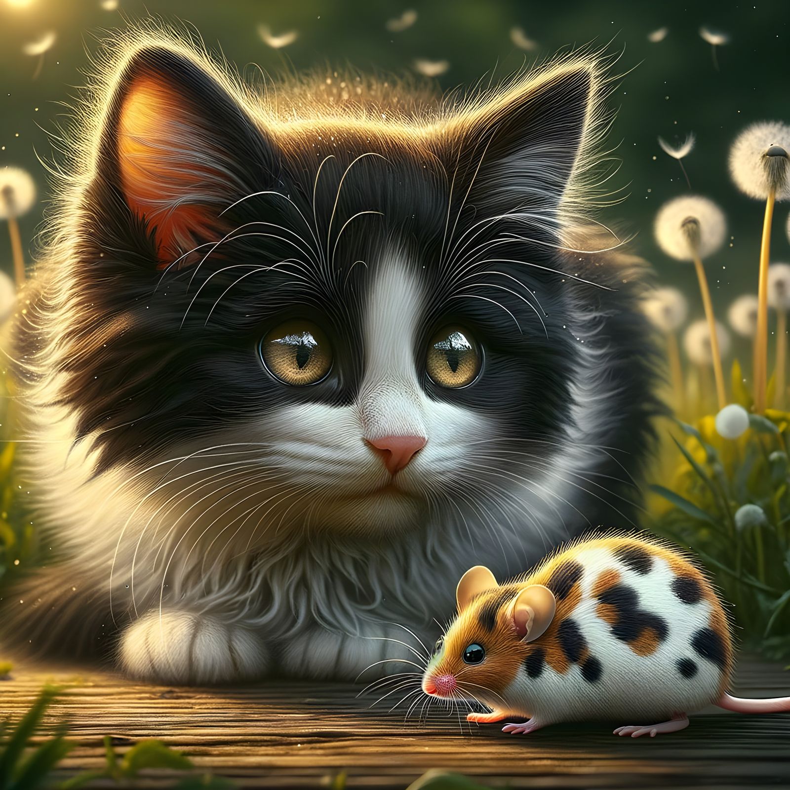 Tuxedo Kitten Curiously Observes Fuzzy Mouse Outdoors