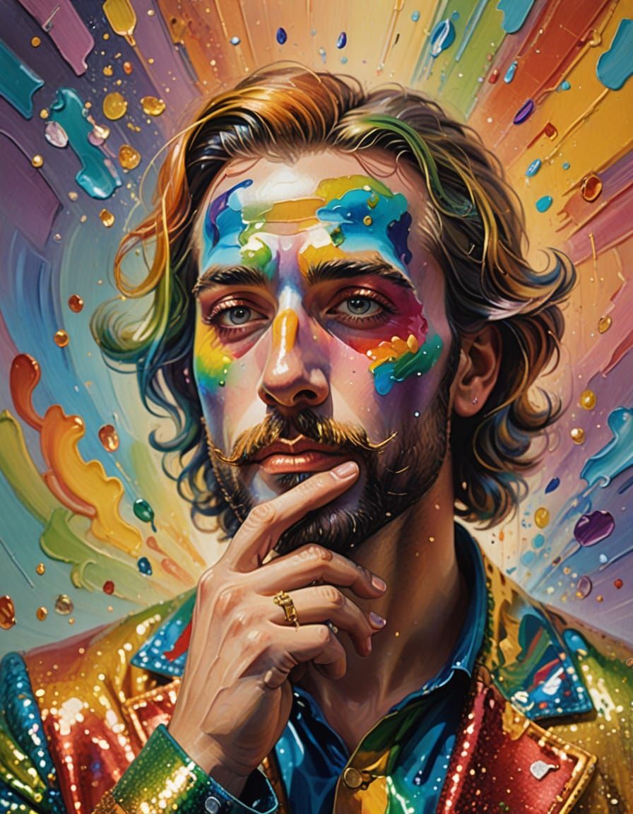 Rainbow Man Blowing Kiss: Whimsical Oil Painting