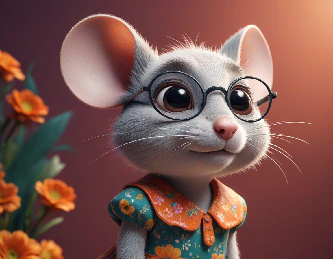 Shy Mouse with Wire-Rimmed Glasses, 3D Digital Art