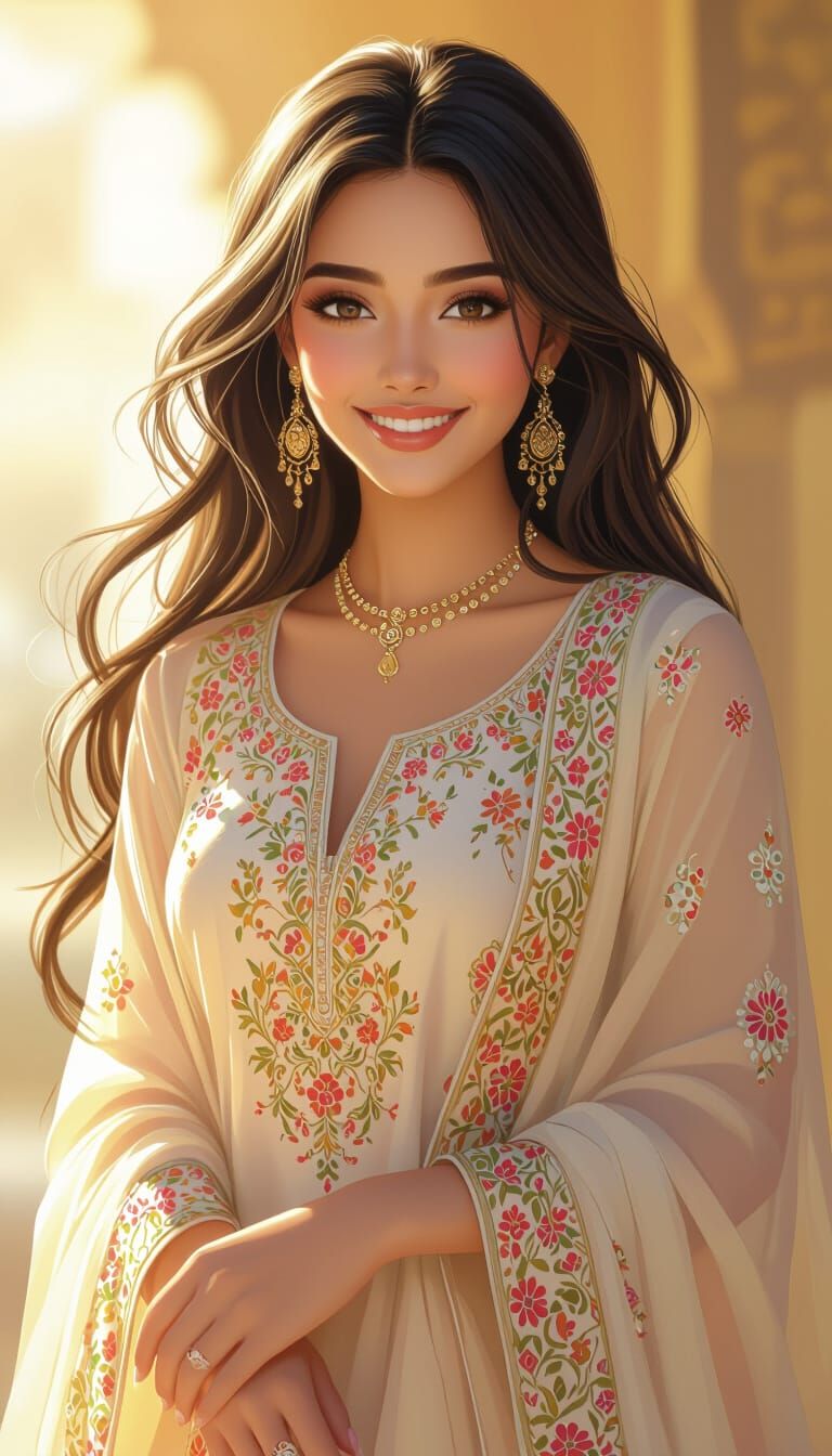 Smiling Indian Woman in Pakistani Dress, 3D Anime Art