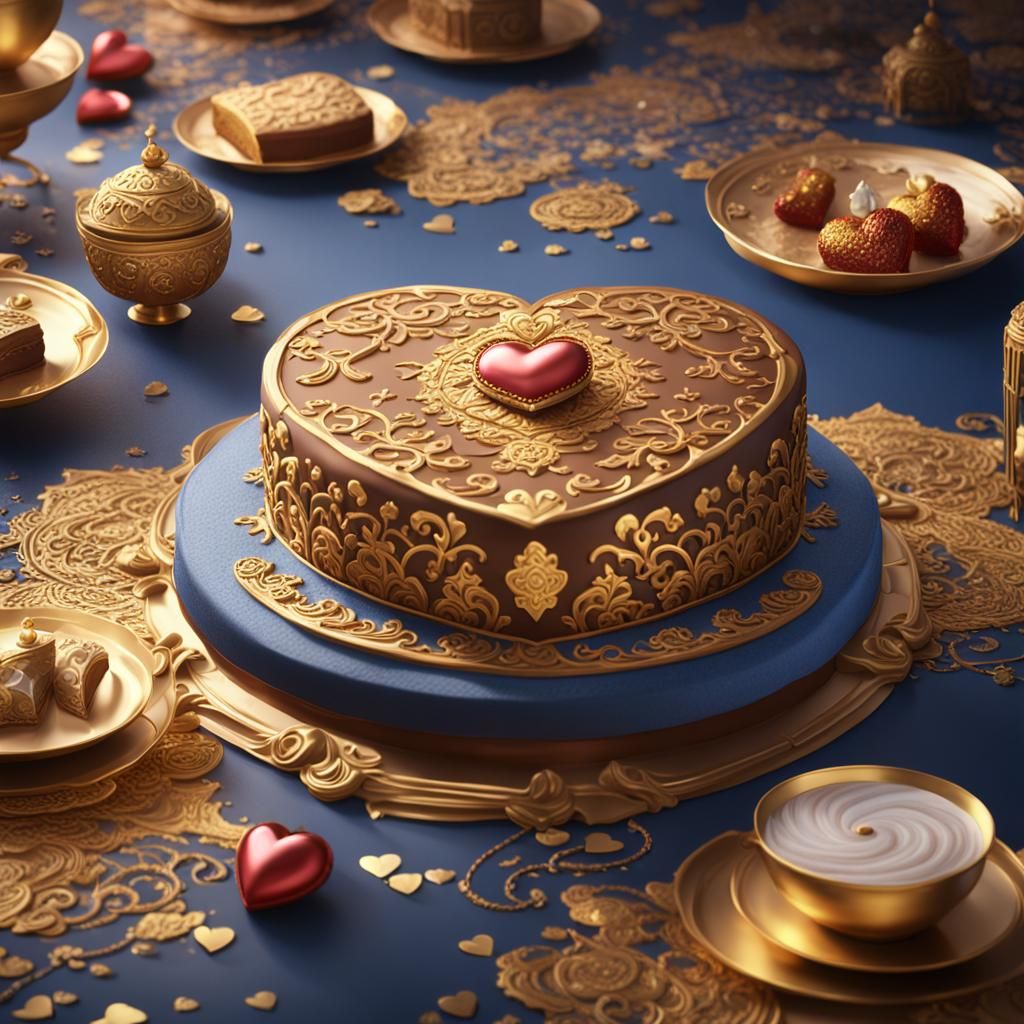 Ornate Golden Heart Cake: Oriental Dessert Art