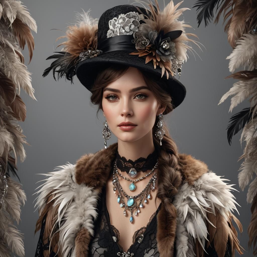 3D CGI Woman in Fur and Feathers