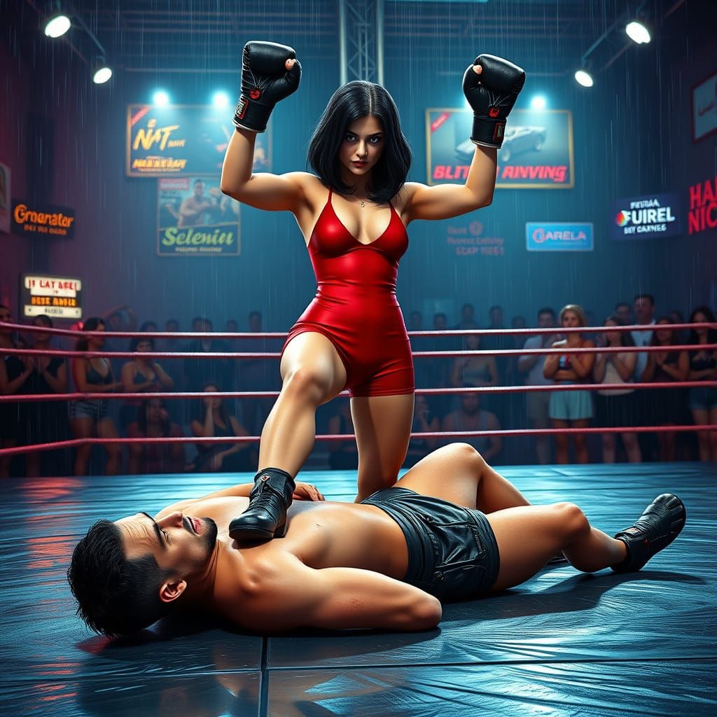 Russian Female Boxer Triumphs in Dystopian Cityscape