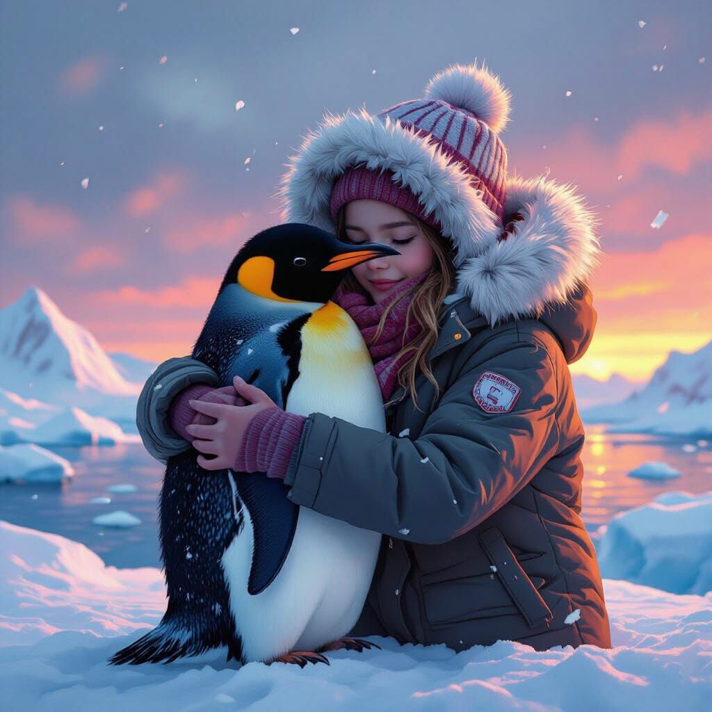 Girl Hugs Penguin on Iceberg