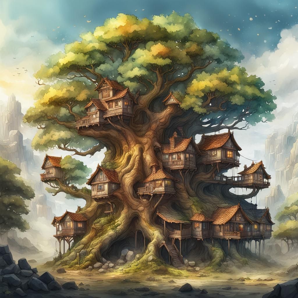 Giant Tree Community in Watercolor Style