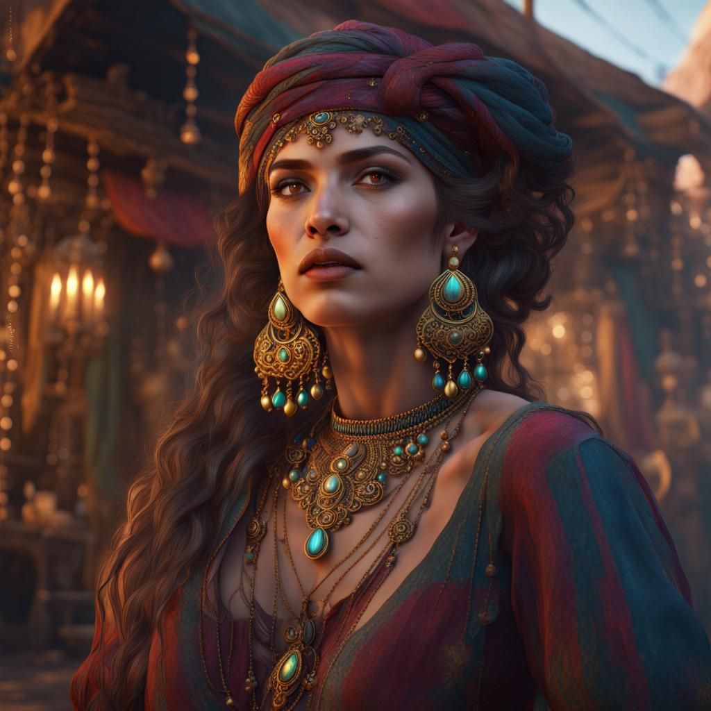 Jewel-Toned Gypsy Woman: Detailed Fantasy Art