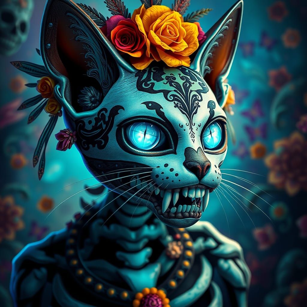Day of the Dead Skeletal Cat in Fantasy Art