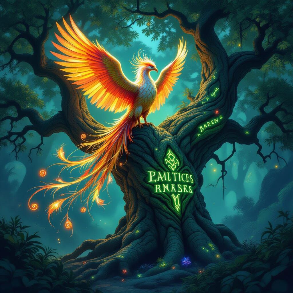 Majestic Phoenix on Ancient Tree in Mystical Forest