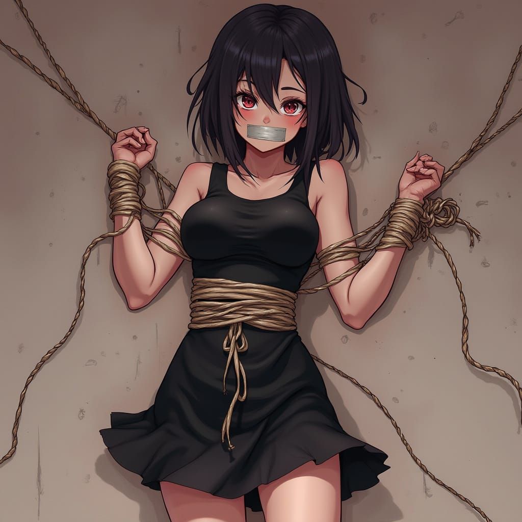 Anime Girl Tied Up in Suspenseful Manga Style