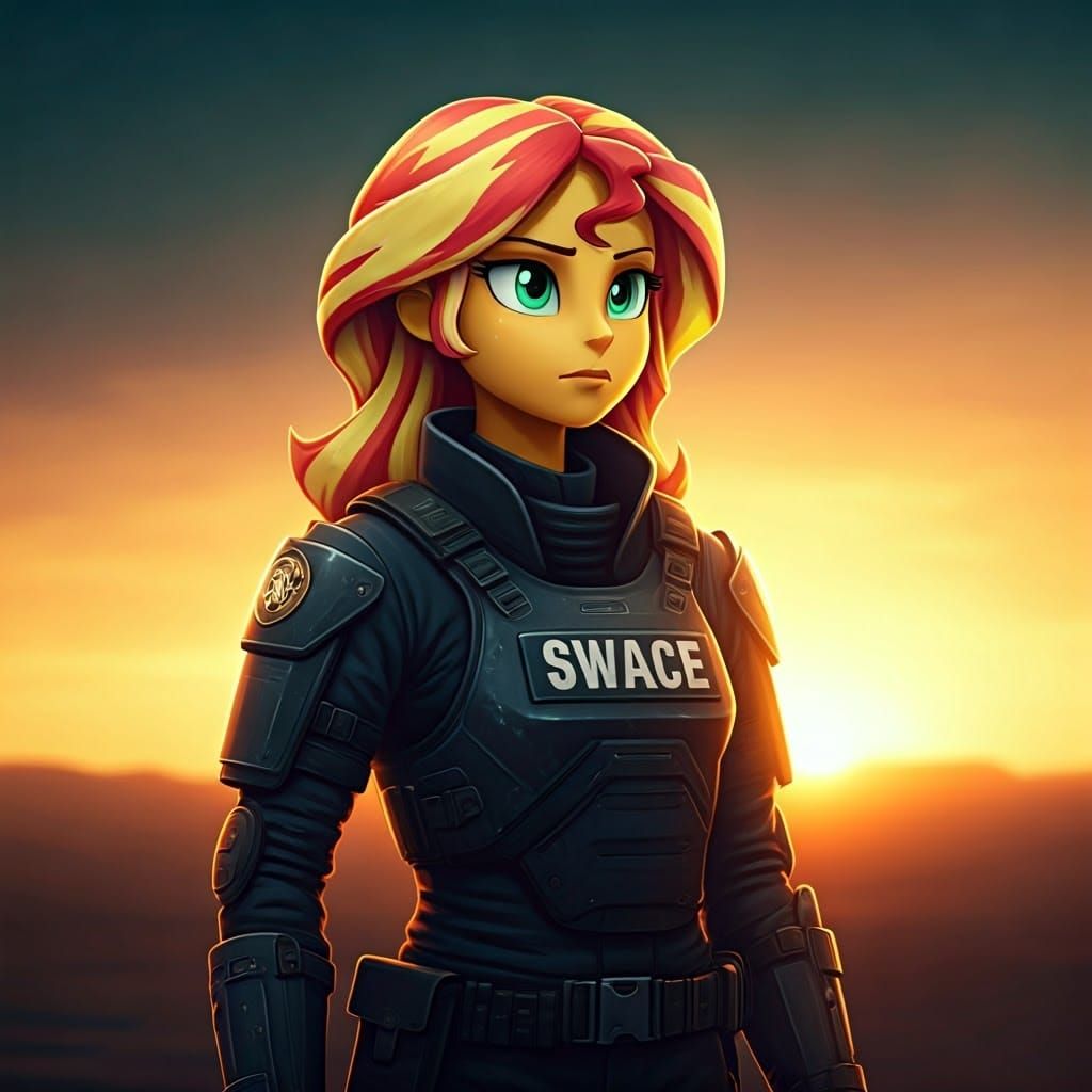 Dramatic Sunset Scene with Lightning Mage in SWAT Gear