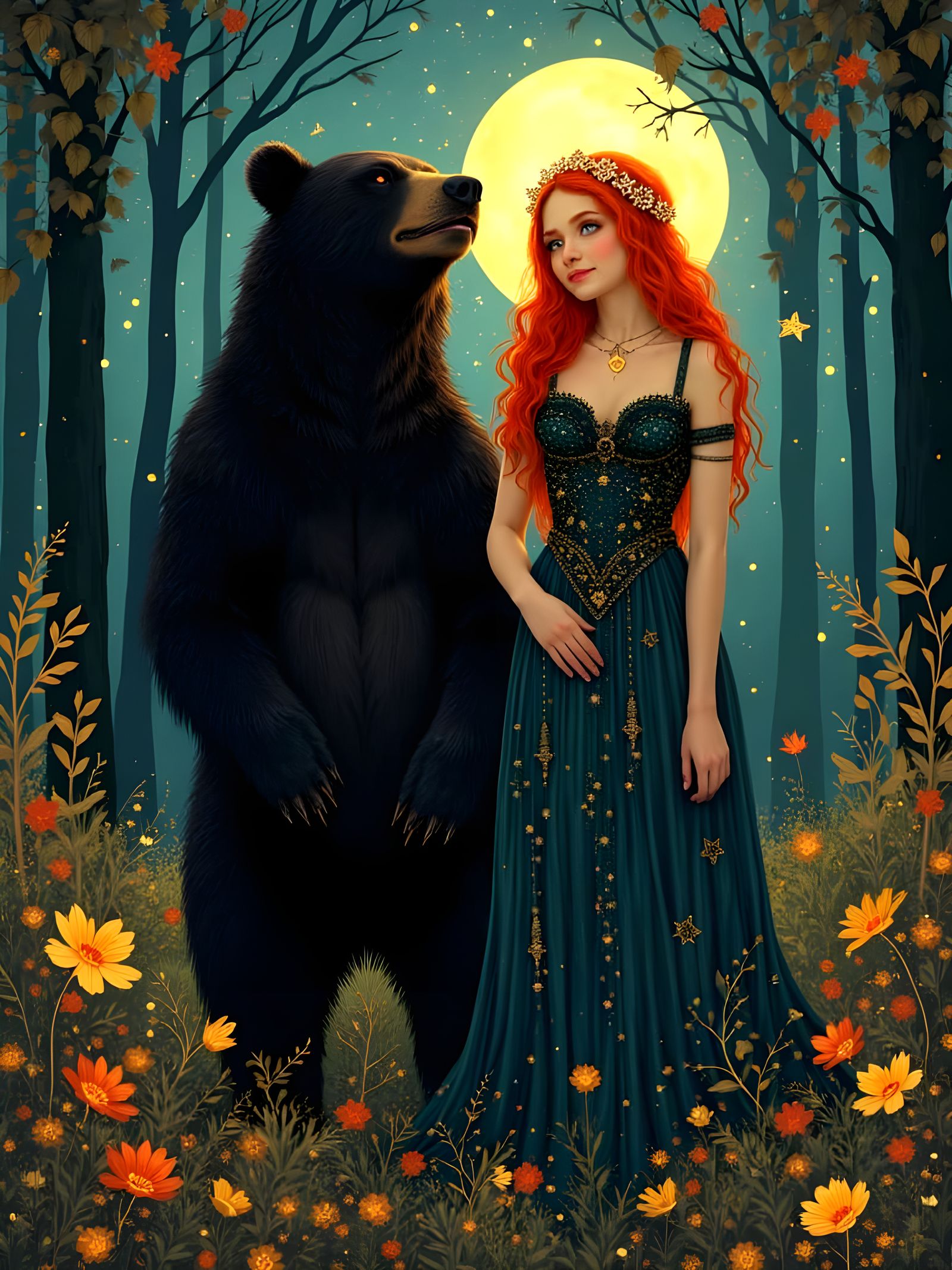 Elven Woman with Bear in Art Nouveau Style