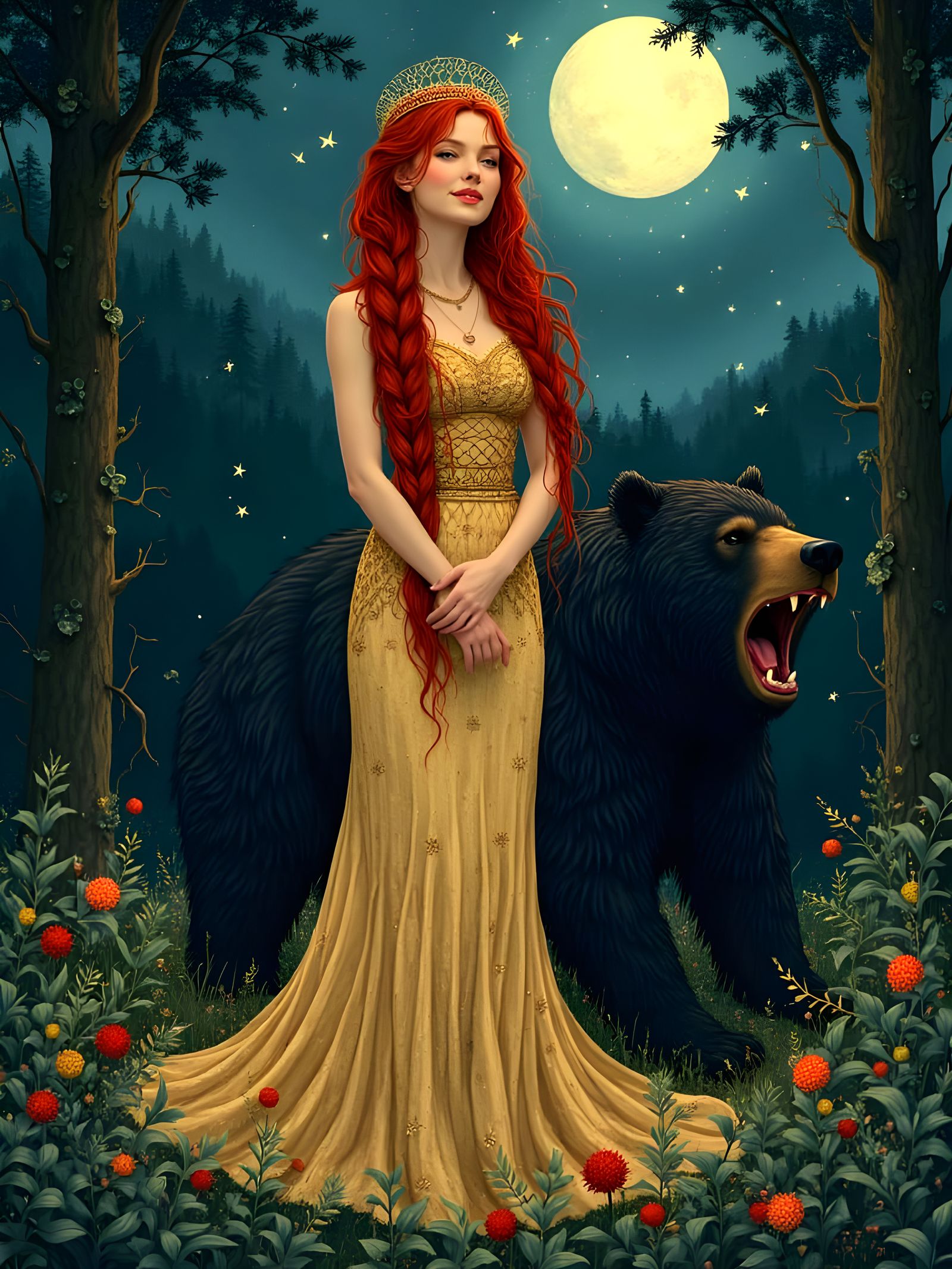 Elven Woman with Bear in Art Nouveau Style