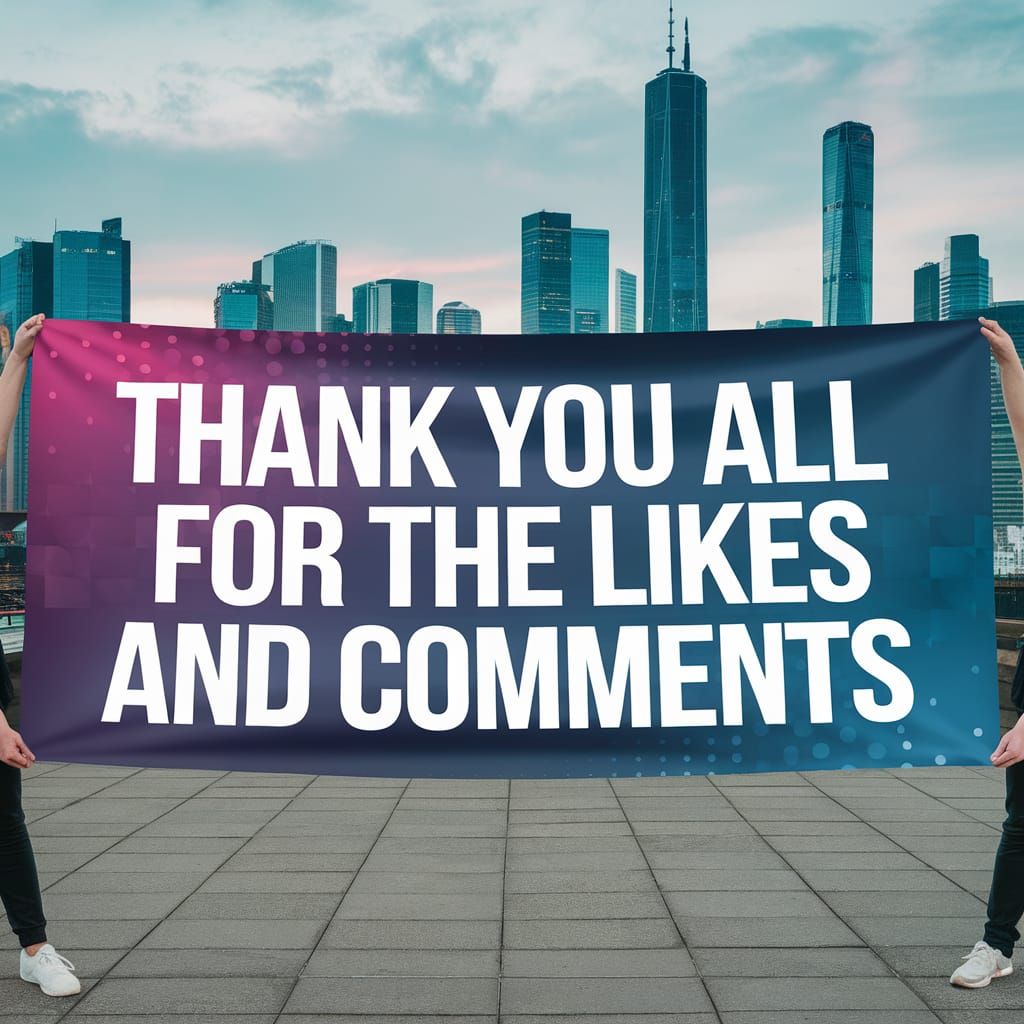 Cheerful Banner Held by Two People Above City Skyline