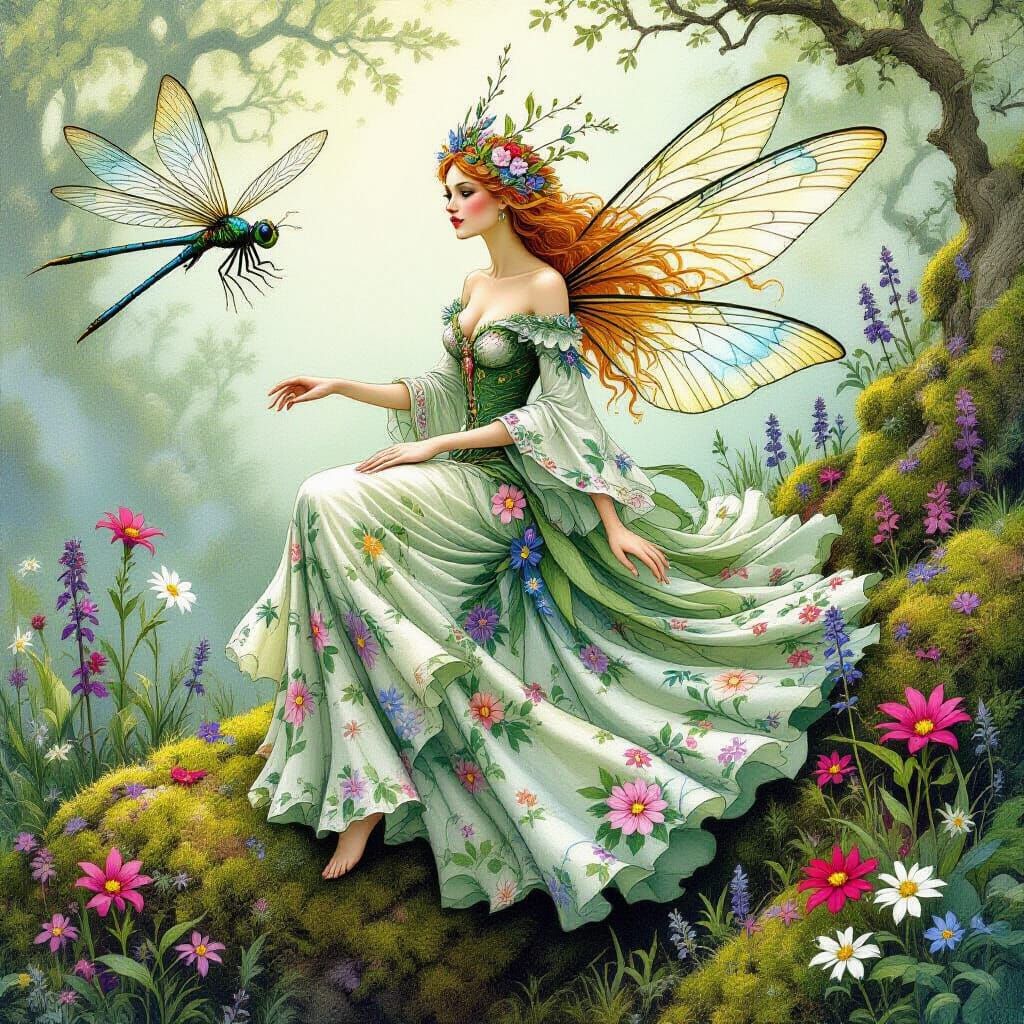 Fairy Queen on Dragonfly in Whimsical Style