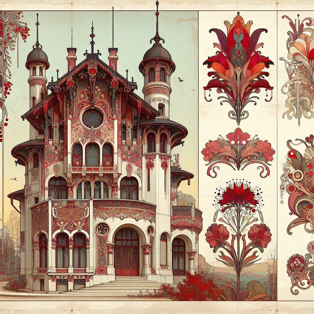 Art Nouveau Architectural Design in Red Tints