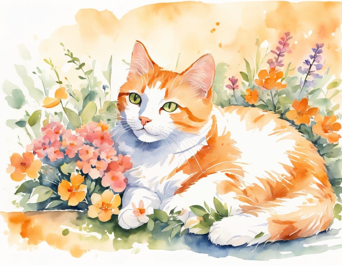 Warm and Happy Watercolor Feline Scene