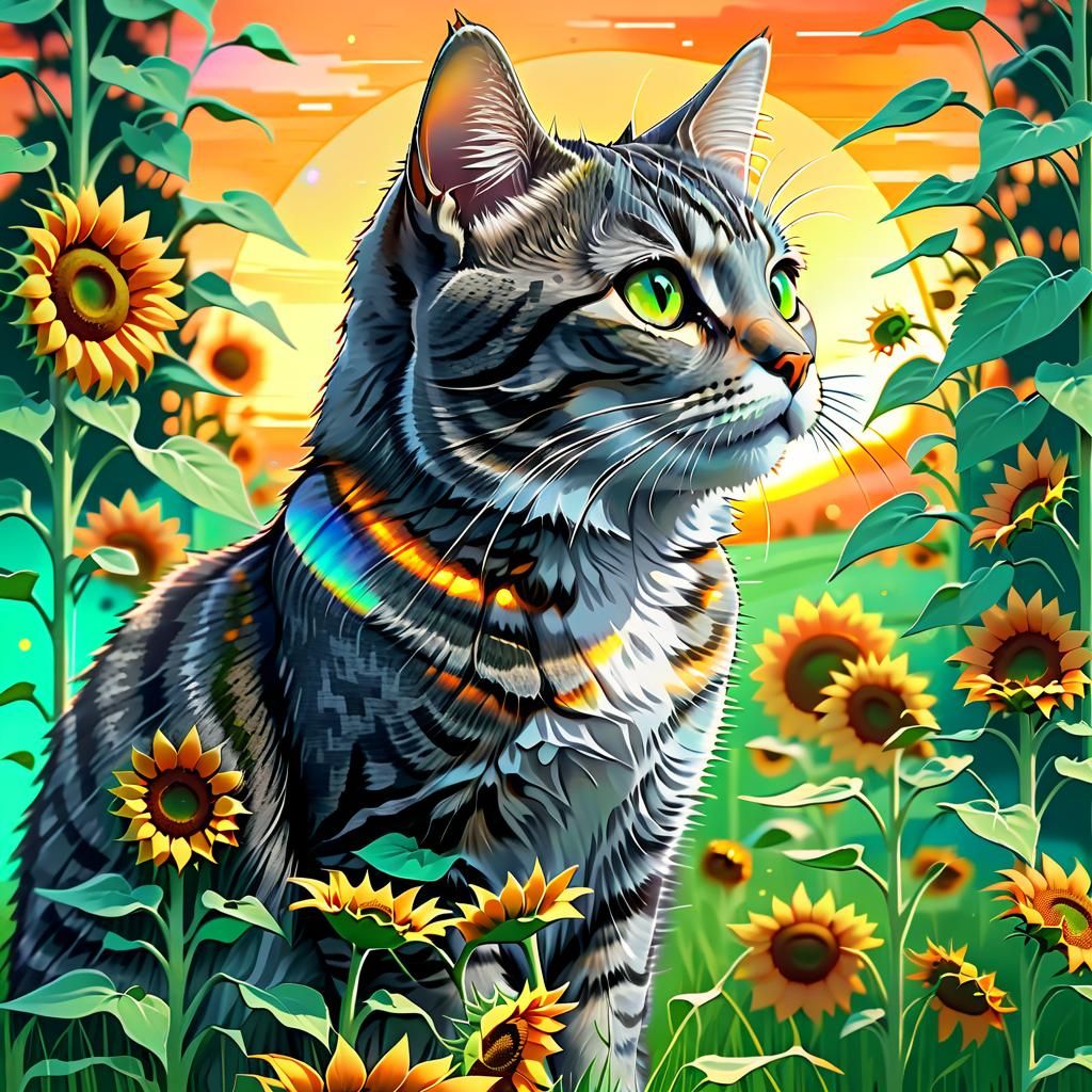 Tabby Cat in Sunflower Field at Sunset