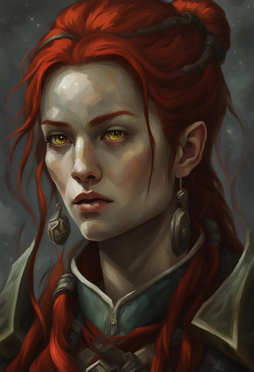Female Half-Orc Wizard with Tusks and Red Hair