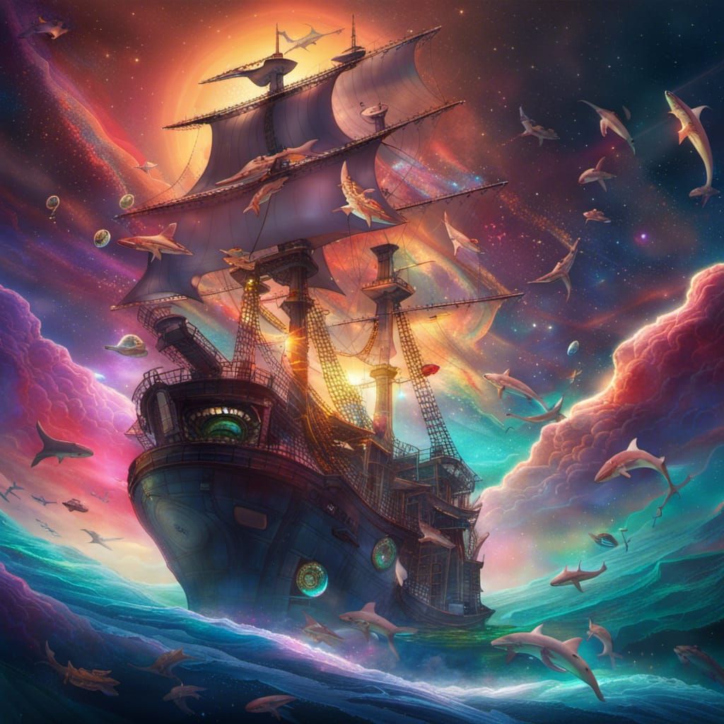 Celestial Pirate Ship Hunting Space Sharks: Holographic Illu...