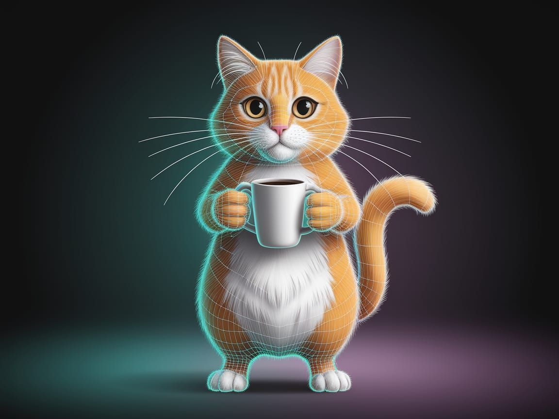 Cyberpunk Cat with Coffee Mug Digital Illustration