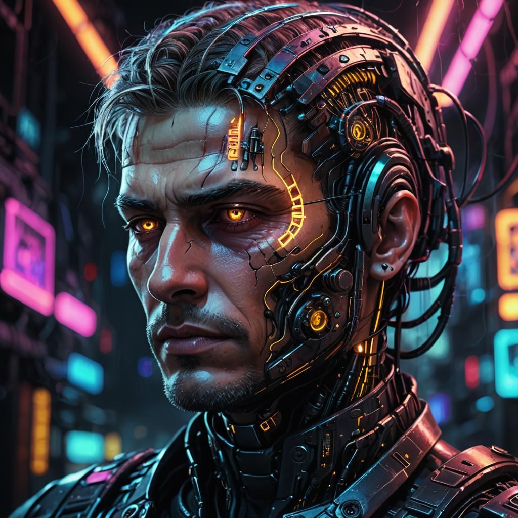 Cyberpunk Portrait: Brain Implant with Neon Circuits
