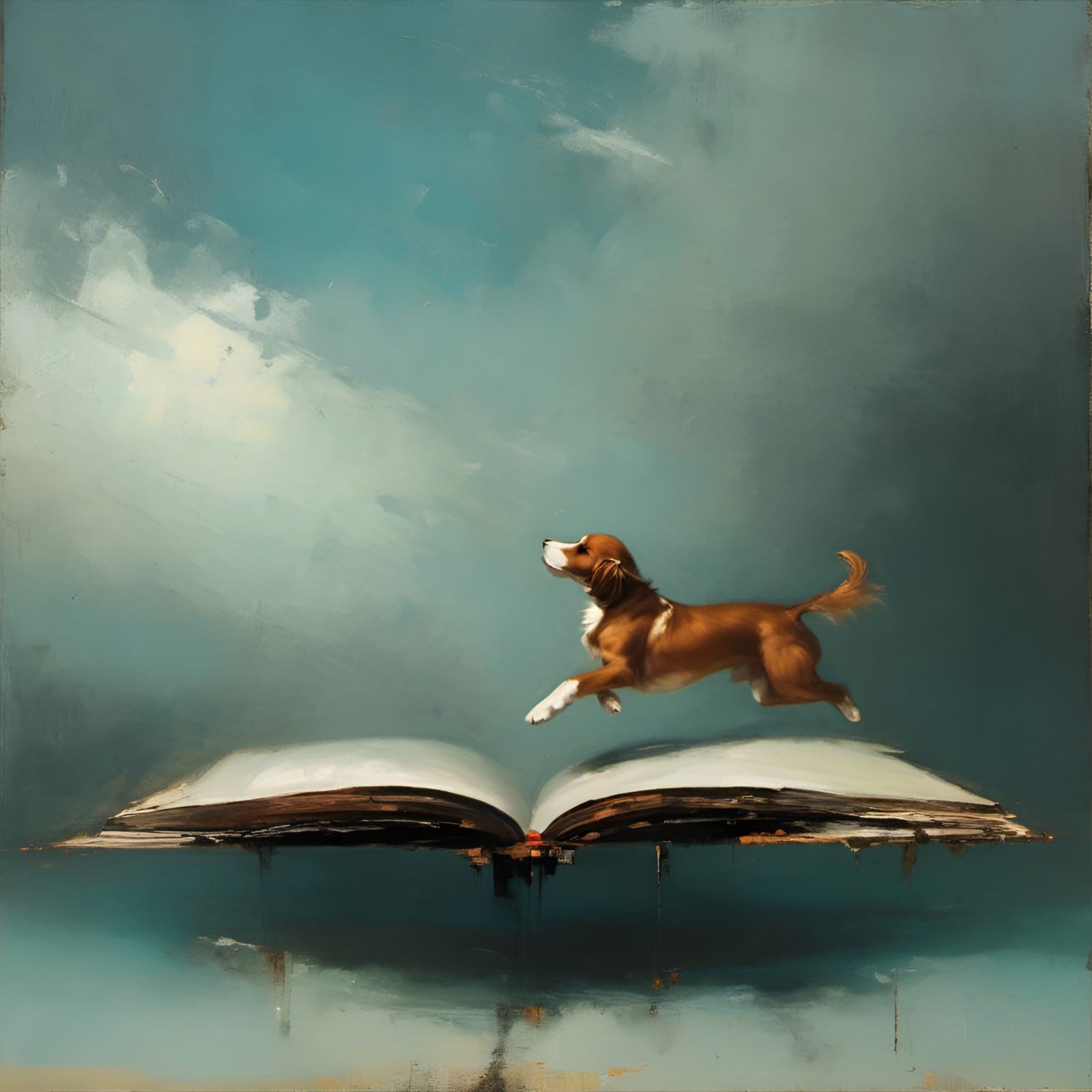 Puppy Leaps from Book in Impasto Style