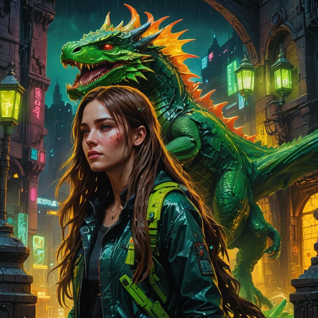Cyberpunk Woman and Dragon in Neon Cityscape