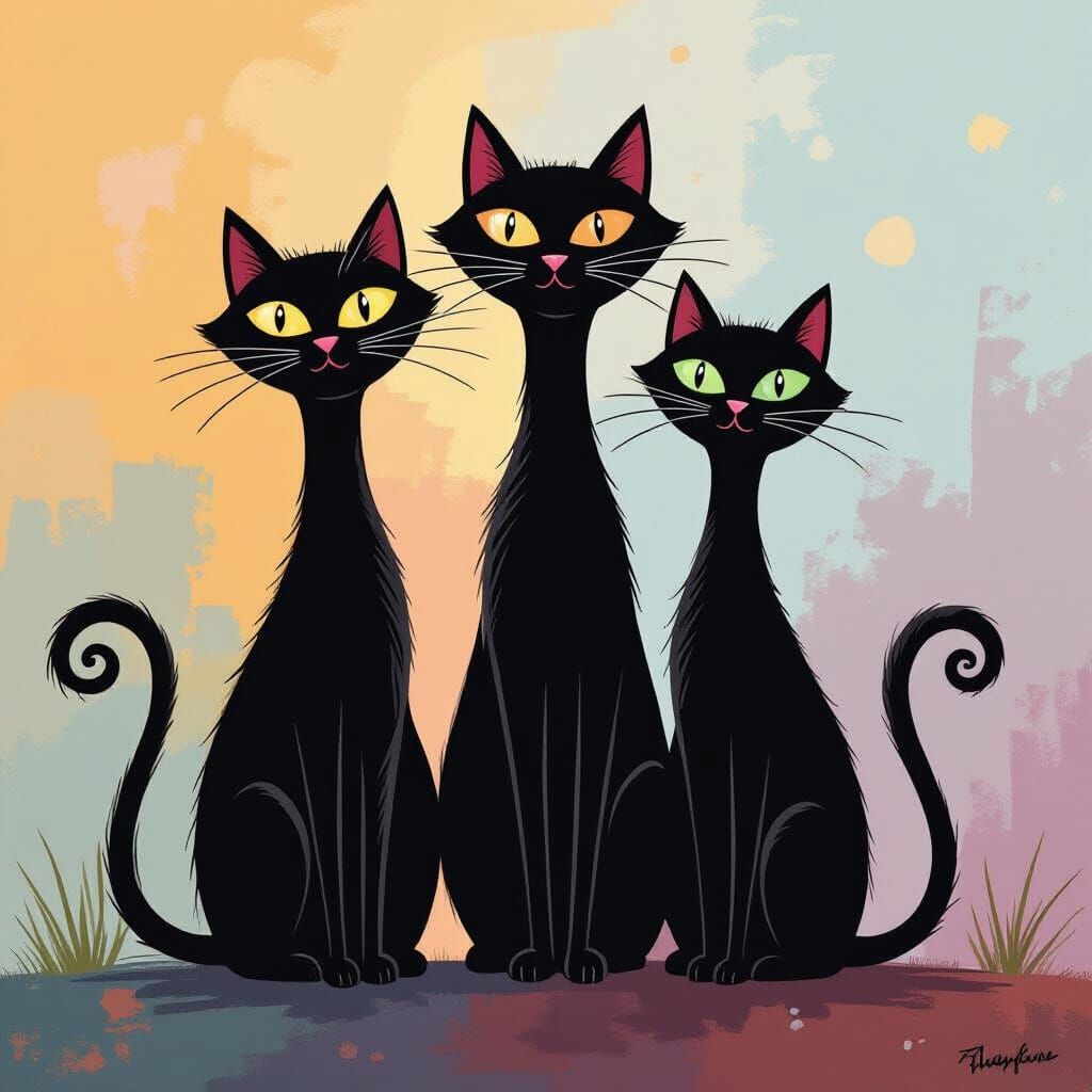 Abstract Art: Three Whimsical Tall Black Cats