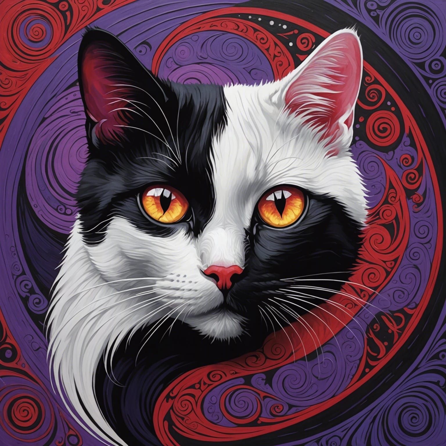 Yin Yang Cat Portrait in Swirling Nightscape