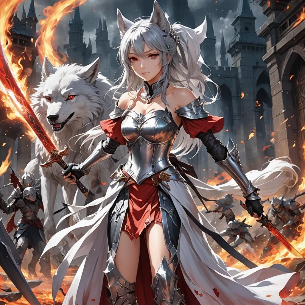 Fantasy Wolf Knight with Magic Sword in Anime Style