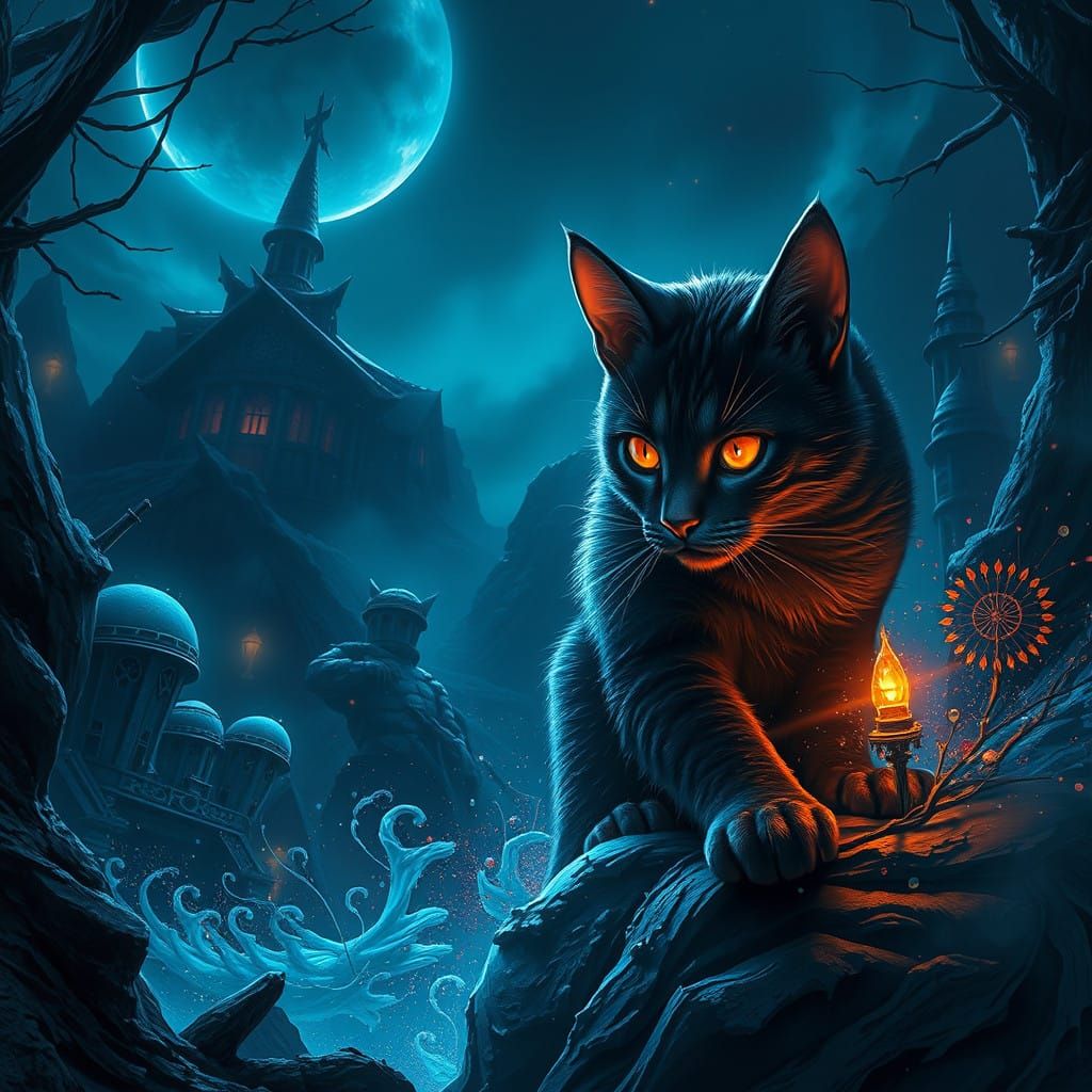 Fantastical Nighttime Scene in Deep, Vibrant Colors