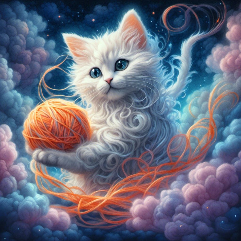 Kitten Cloud Animal Plays with Yarn in Cosmic Art