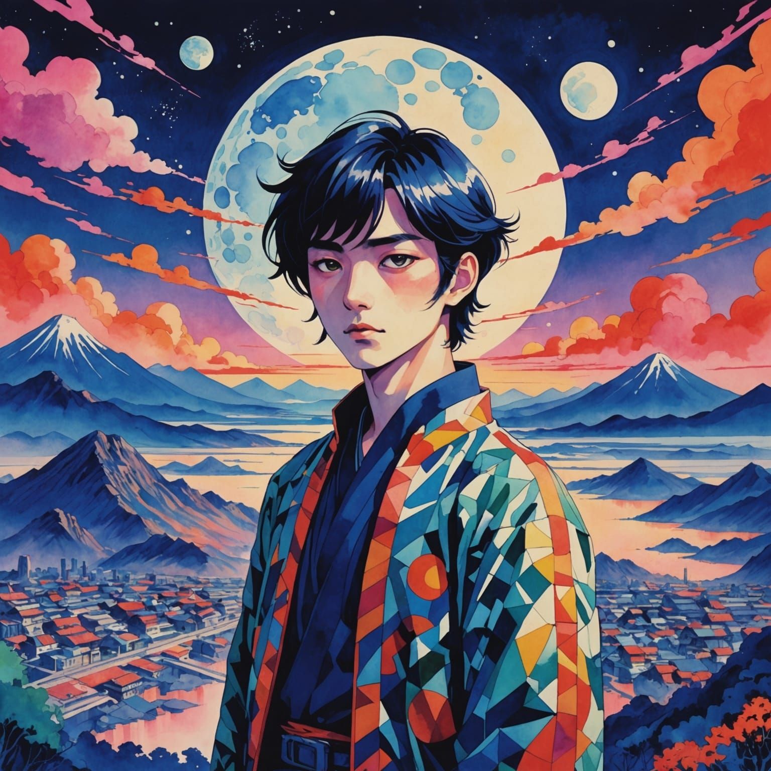 stunning anime character matte painting matte background fauvism futurism geometric watercolor moonscape shin hanga  cas...