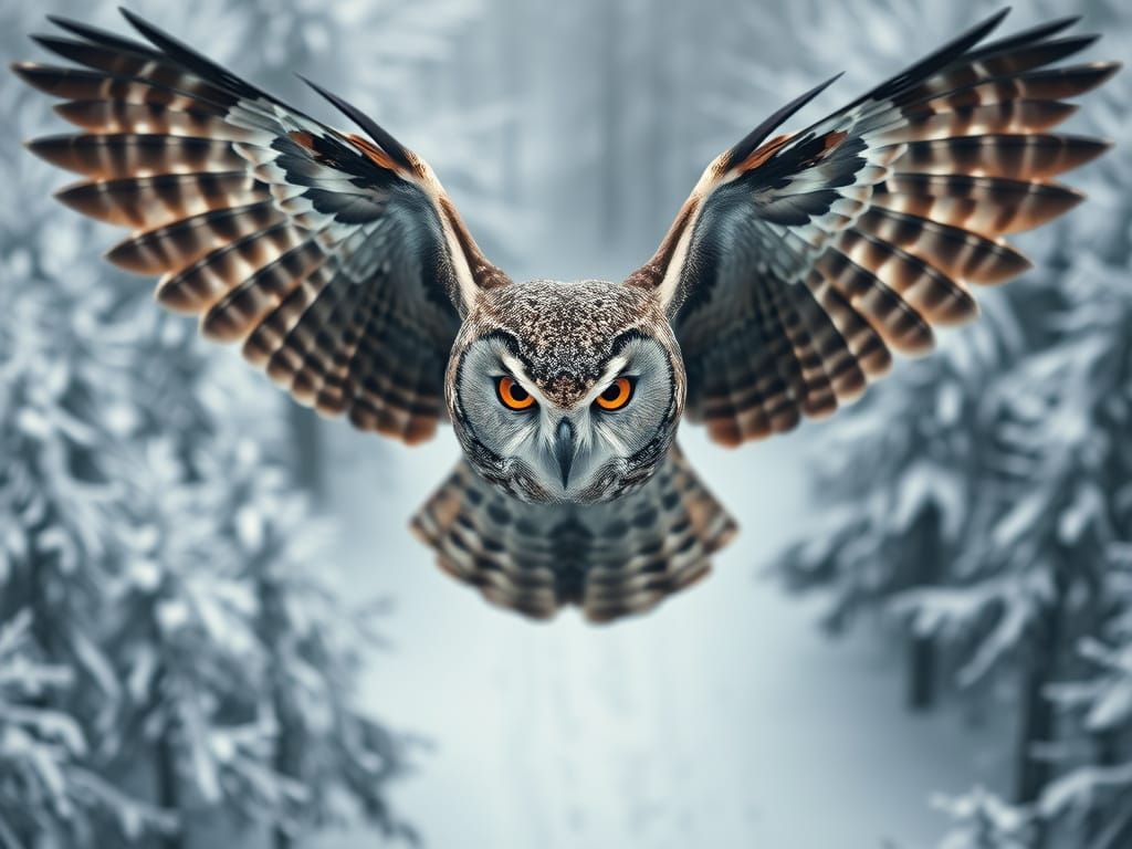 Flying Owl in Snowy Forest, Cinematic Artwork