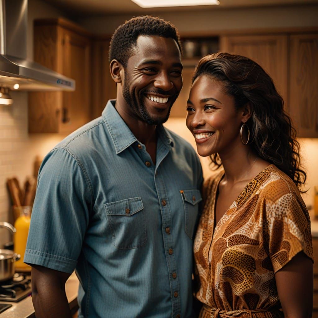 Smiling African Couple in Kitchen: Hyperrealistic Photograph...
