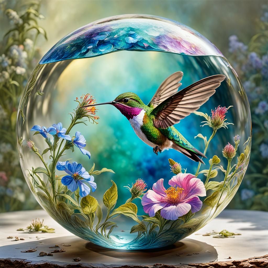 Hummingbird and Wildflower in Glass Orb: Hyperrealistic Ink ...