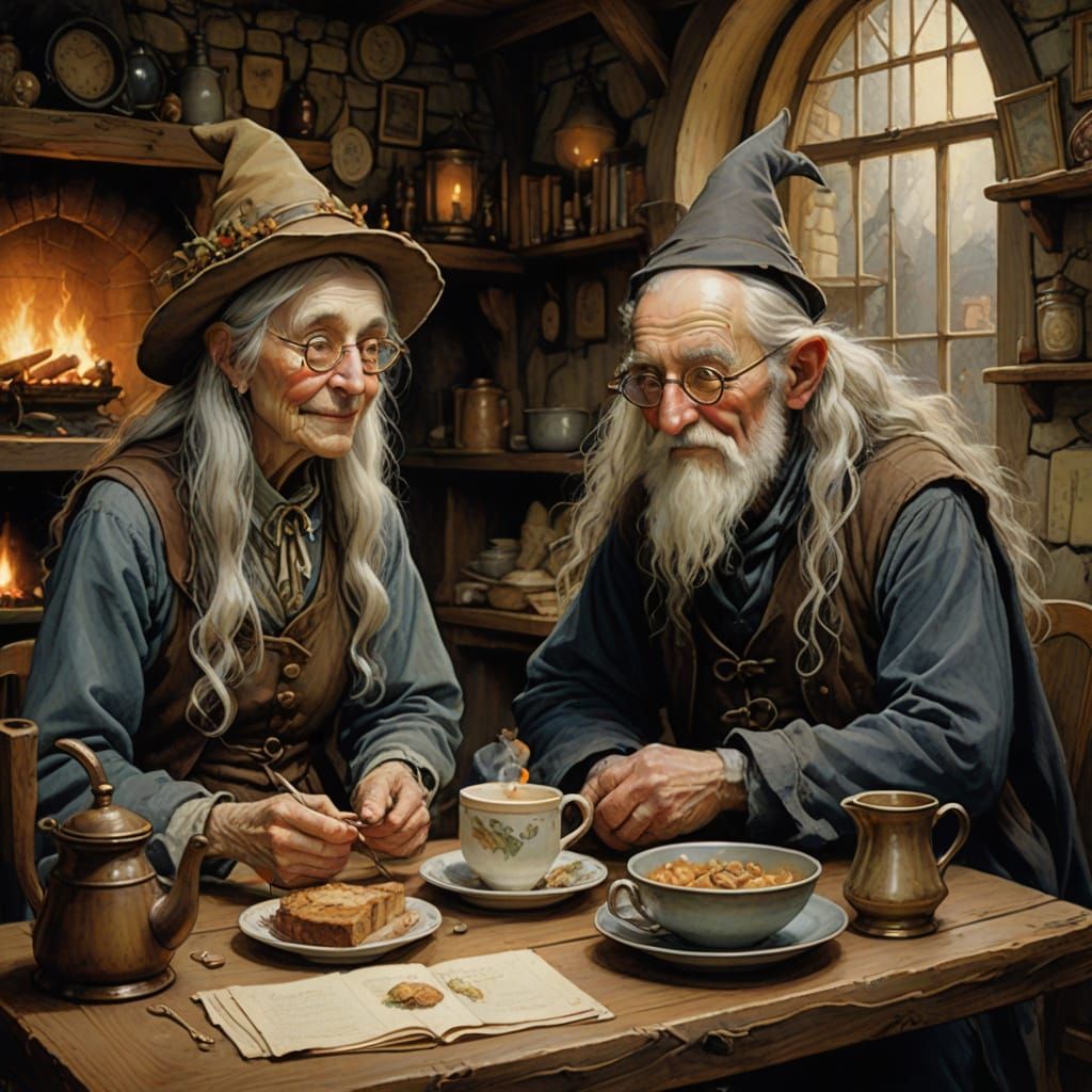 Elderly Wizard and Witch Share Whimsical Tea Time